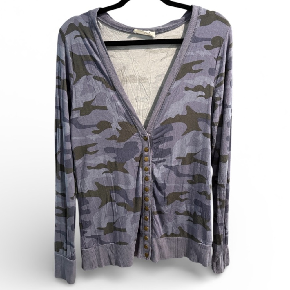 Zenana Camo Snap Front Cardigan Large Purple Blue Lightweight Soft Jersey Knit